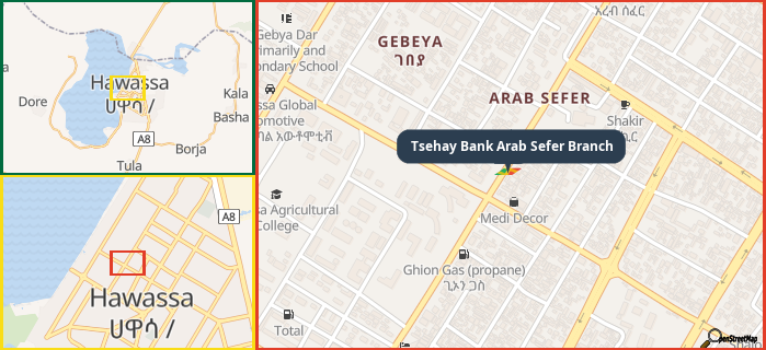 Map showing the address of Tsehay Bank Arab Sefer Branch in three different zoom levels.