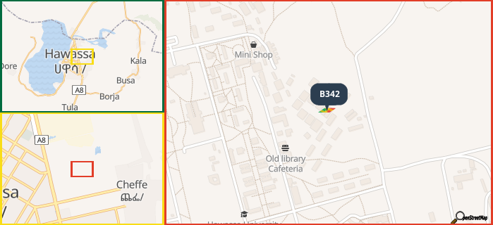 Map showing the address of B342 in three different zoom levels.