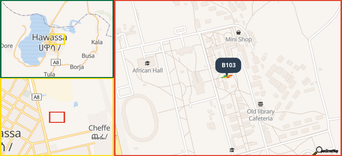 Map showing the address of B103 in three different zoom levels.