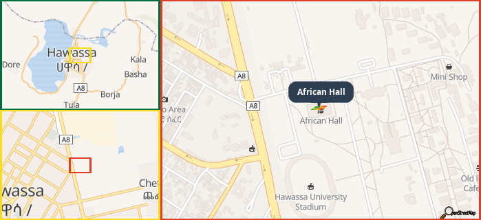 Map showing the address of African Hall in three different zoom levels.
