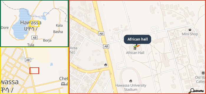 Map showing the address of African hall in three different zoom levels.