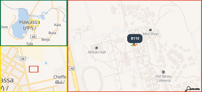 Map showing the address of B110 in three different zoom levels.