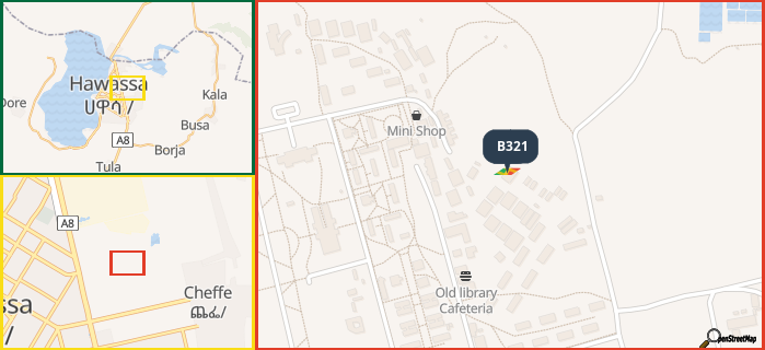 Map showing the address of B321 in three different zoom levels.