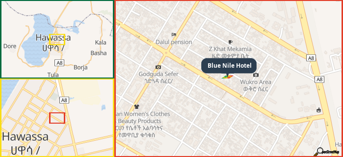 Map showing the address of Blue Nile Hotel in three different zoom levels.