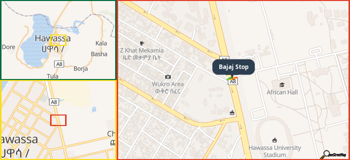 Map showing the address of Bajaj Stop in three different zoom levels.