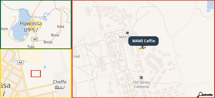 Map showing the address of MAMI Caffie in three different zoom levels.