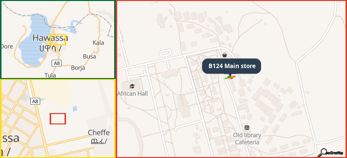 Map showing the address of B124 Main store in three different zoom levels.