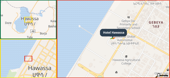 Map showing the address of Hotel Hawassa in three different zoom levels.