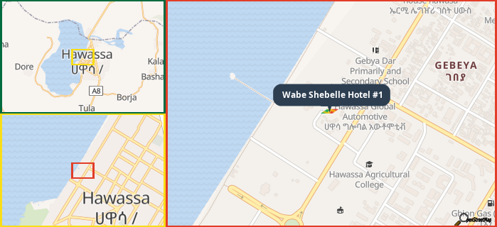 Map showing the address of Wabe Shebelle Hotel #1 in three different zoom levels.
