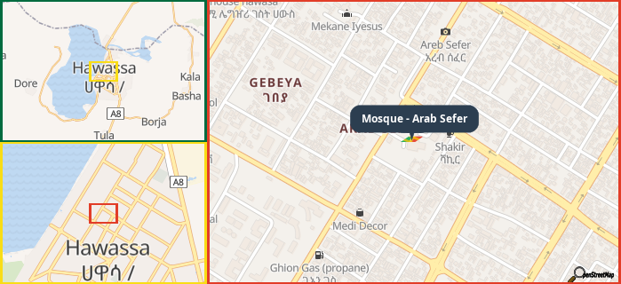 Map showing the address of Mosque - Arab Sefer in three different zoom levels.