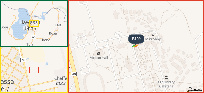 Map showing the address of B109 in three different zoom levels.