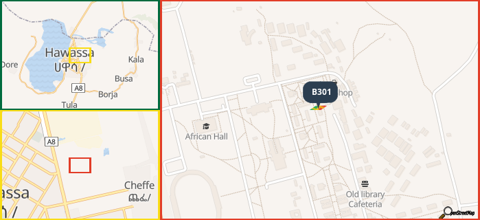 Map showing the address of B301 in three different zoom levels.