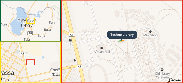 Map showing the address of Techno Library in three different zoom levels.