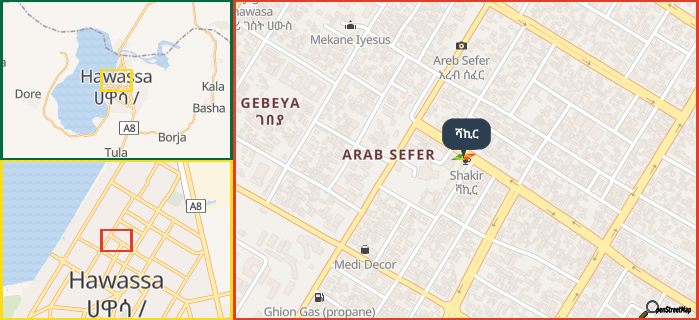 Map showing the address of ሻኪር in three different zoom levels.