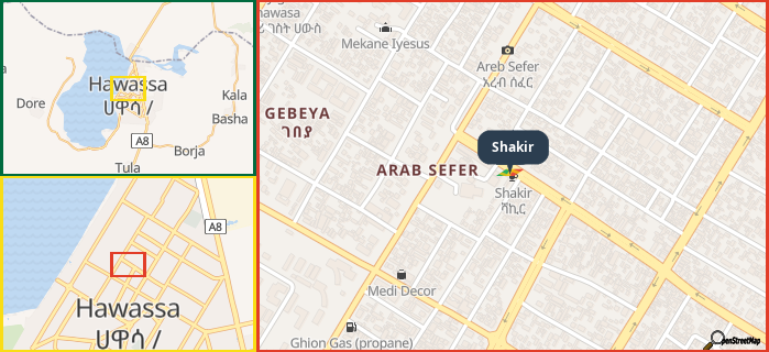 Map showing the address of Shakir in three different zoom levels.