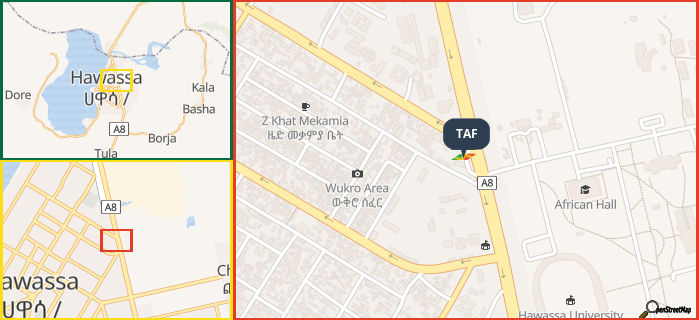 Map showing the address of TAF in three different zoom levels.