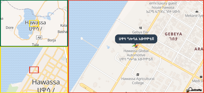 Map showing the address of ሀዋሳ ግሎባል አውቶሞቲቭ in three different zoom levels.