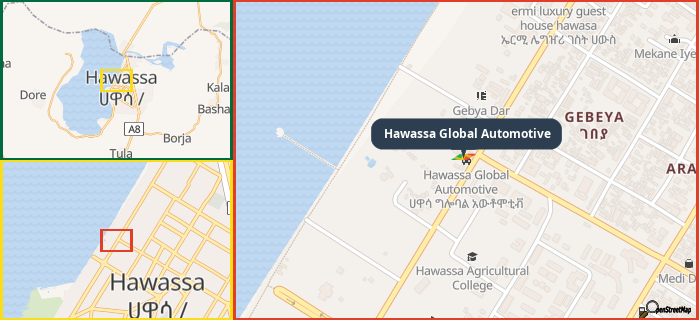 Map showing the address of Hawassa Global Automotive in three different zoom levels.