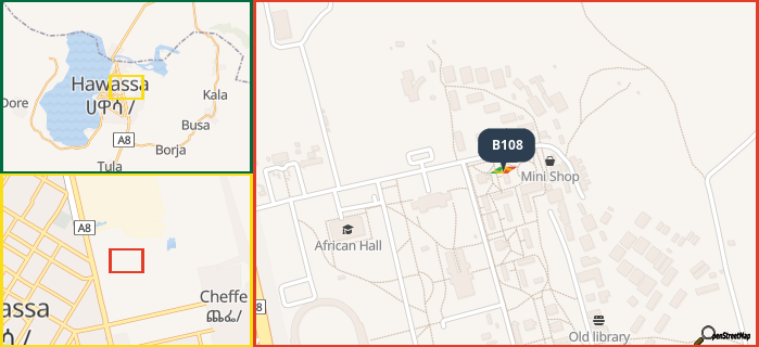 Map showing the address of B108 in three different zoom levels.