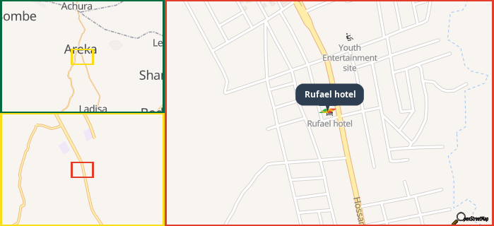 Map showing the address of Rufael hotel in three different zoom levels.