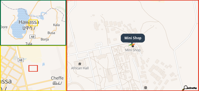 Map showing the address of Mini Shop in three different zoom levels.