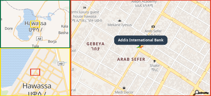Map showing the address of Addis International Bank in three different zoom levels.