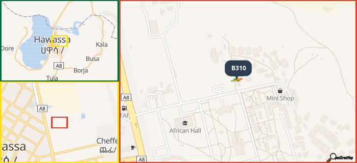 Map showing the address of B310 in three different zoom levels.