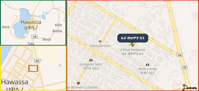 Map showing the address of ዜድ መቃምያ ቤት in three different zoom levels.
