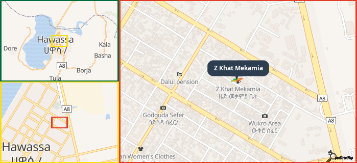Map showing the address of Z Khat Mekamia in three different zoom levels.