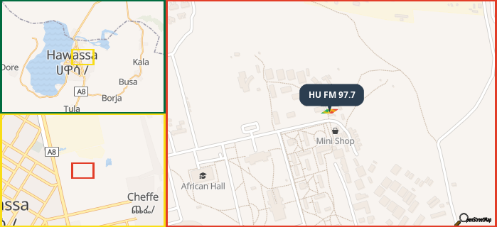 Map showing the address of HU FM 97.7 in three different zoom levels.