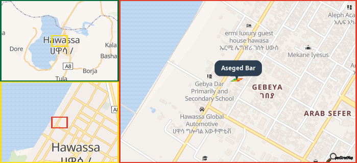 Map showing the address of Aseged Bar in three different zoom levels.