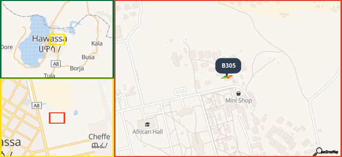 Map showing the address of B305 in three different zoom levels.