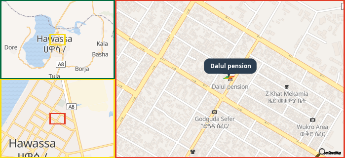 Map showing the address of Dalul pension in three different zoom levels.