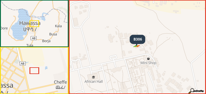 Map showing the address of B306 in three different zoom levels.