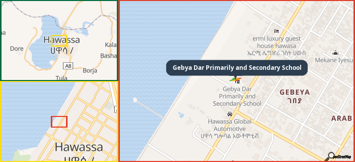 Map showing the address of Gebya Dar Primarily and Secondary School in three different zoom levels.