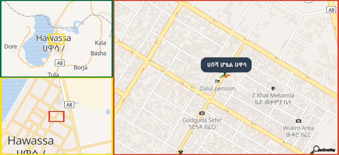 Map showing the address of ሀበሻ ሆቴል ሀዋሳ in three different zoom levels.