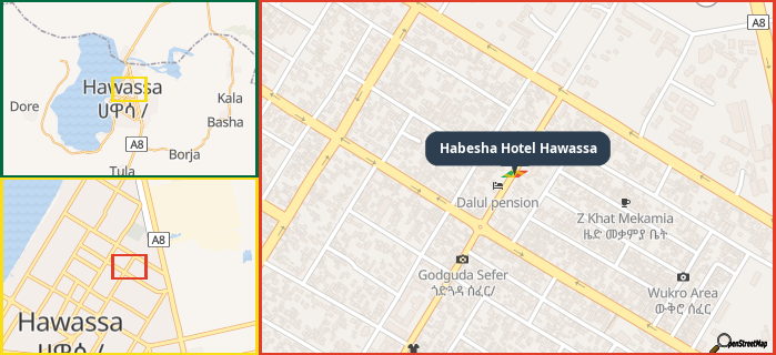 Map showing the address of Habesha Hotel Hawassa in three different zoom levels.