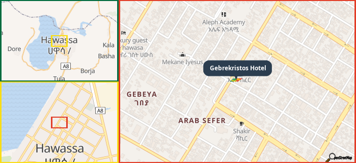 Map showing the address of Gebrekristos Hotel in three different zoom levels.