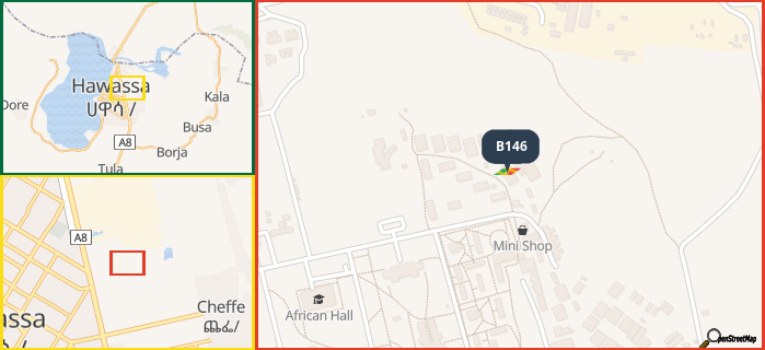 Map showing the address of B146 in three different zoom levels.