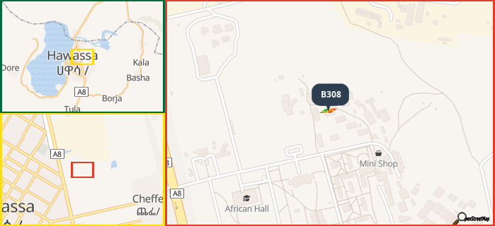 Map showing the address of B308 in three different zoom levels.