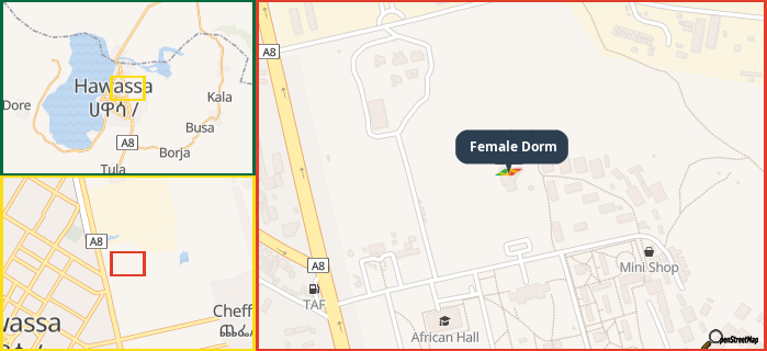 Map showing the address of Female Dorm in three different zoom levels.