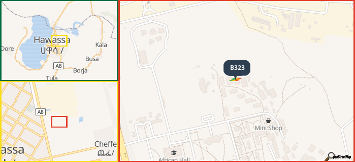 Map showing the address of B323 in three different zoom levels.