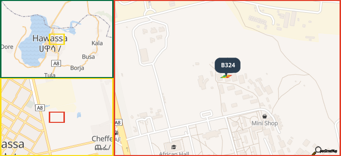 Map showing the address of B324 in three different zoom levels.