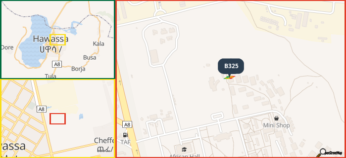 Map showing the address of B325 in three different zoom levels.