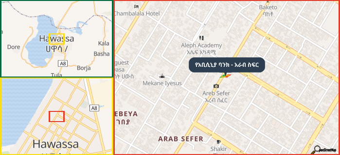 Map showing the address of የአቢሲኒያ ባንክ - አራብ ስፍር in three different zoom levels.