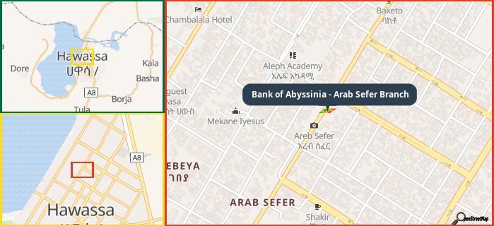 Map showing the address of Bank of Abyssinia - Arab Sefer Branch in three different zoom levels.