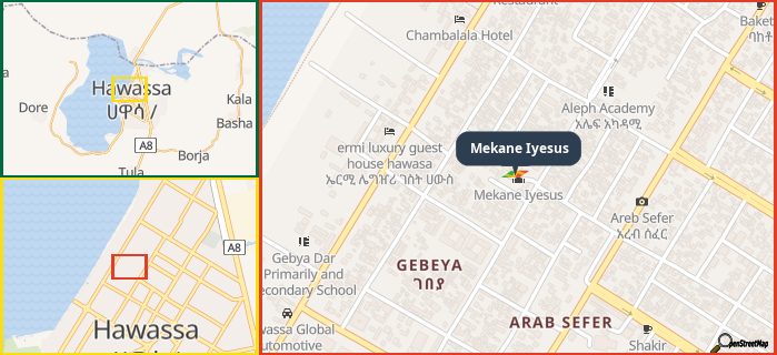 Map showing the address of Mekane Iyesus in three different zoom levels.