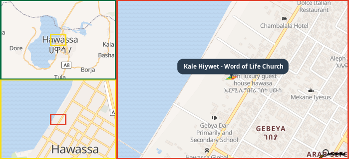 Map showing the address of Kale Hiywet - Word of Life Church in three different zoom levels.
