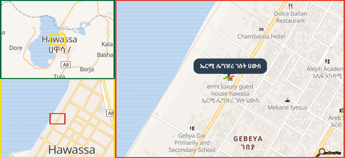 Map showing the address of ኤርሚ ሌግዠሪ ገስት ሀውስ in three different zoom levels.