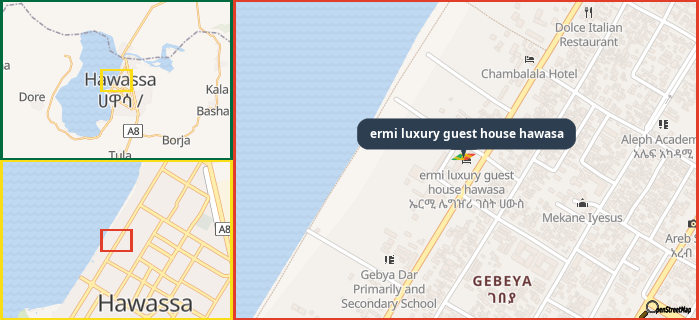Map showing the address of ermi luxury guest house hawasa in three different zoom levels.